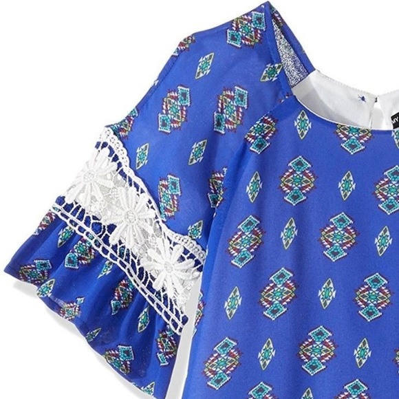 My Michelle Girls Blue Shift Dress Crochet Bell Sleeve Size 7 16 - Picture 2 of 5